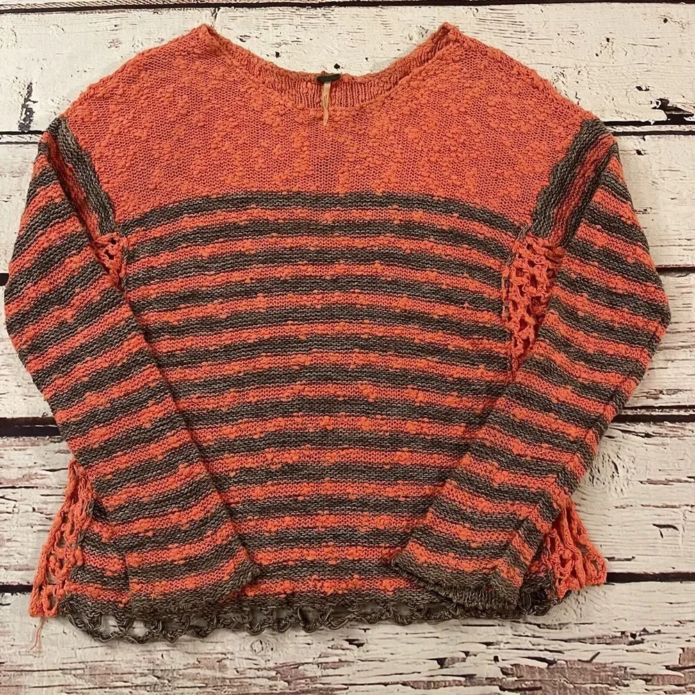 Free People Sweater Striped Scoop‎ Neck Orange Open Knit Size Small French Creek